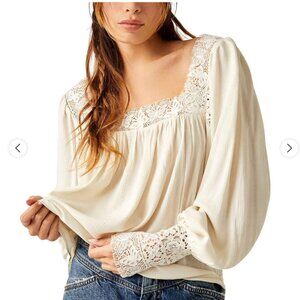FREE PEOPLE FLUTTER BY BLOUSE LARGE CREAM BOHO RUFFLE SLEEVE NWOT ROMANTIC TOP